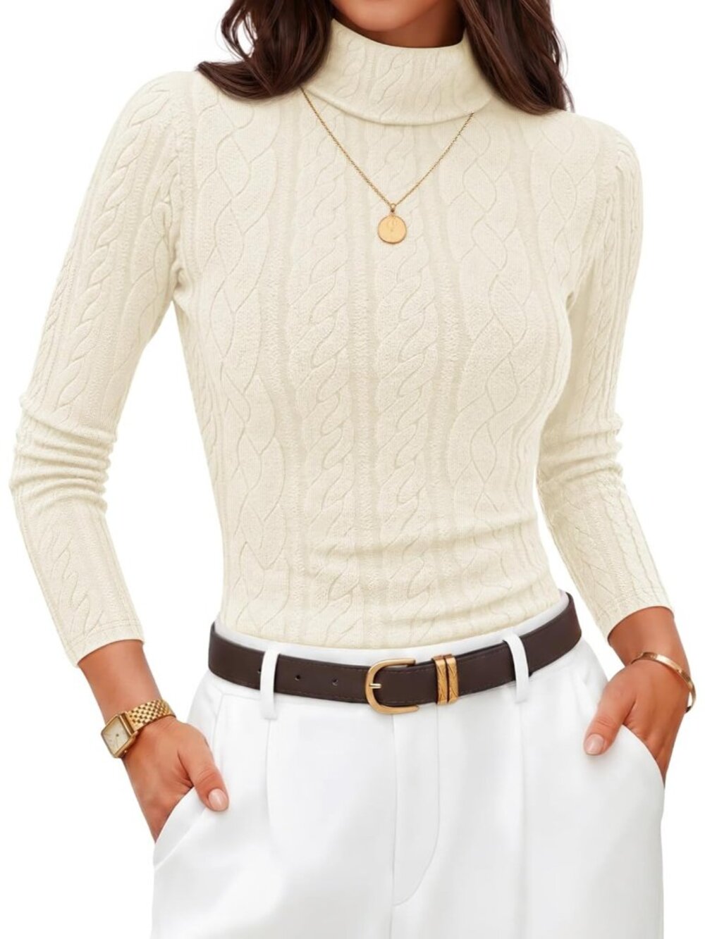 Women's Cream Cable Knit Turtleneck Long Sleeve Ruched Slim Fitted Pullover Top